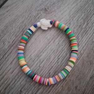 Colorful Clay Beaded Stretchy Bracelet with Turtle Charm